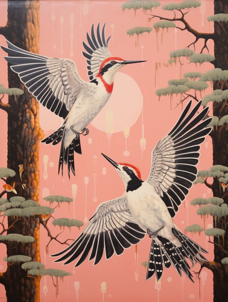 Vintage Japanese Inspired Bird Print Woodpecker 2