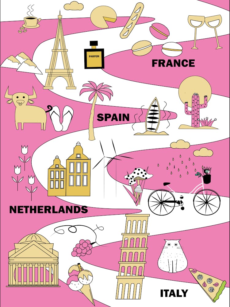 Roadmap Trip Europe Italy Spain France Netherlands Vine Cheese Map Landscape Travel World Journey