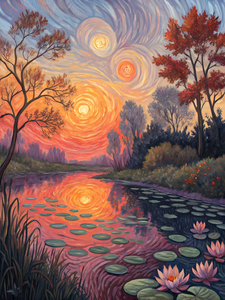 Van Gogh Lotus Pond Vibrant Sunset Landscape & Swirling Sky