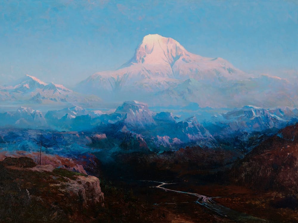 Mt. McKinley by Sydney Laurence, 1911 ~ Mt. McKinley painting, Sydney Laurence art, Denali artwork, Alaska landscape painting, vintage mountain art, Alaskan wilderness art, 1911 landscape painting, classic American art, Mt. McKinley vintage print, Sydney Laurence Denali, historical mountain painting, Alaska nature art, iconic landscape artwork, Mt. McKinley wall art, Sydney Laurence masterpiece.