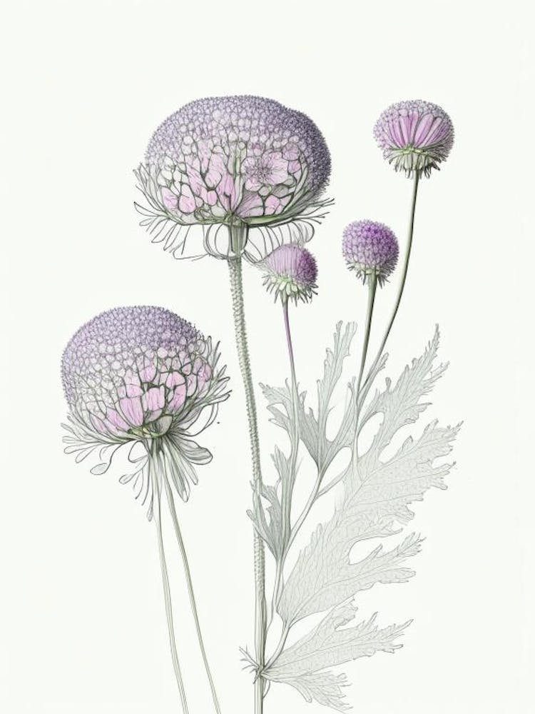 Scabiosa Floral Quentin Blake Inspired Illustration 4 Flower