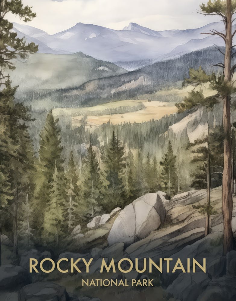 Rocky Mountain National Park Watercolour Vintage Travel Poster 1