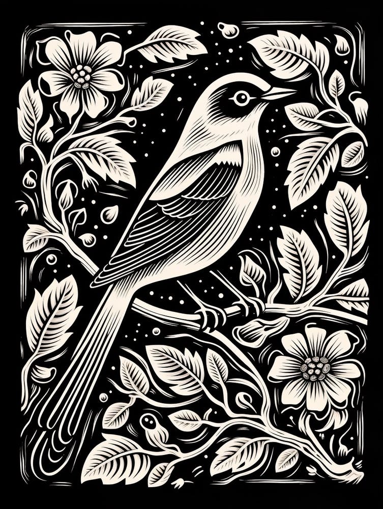 B&W Bird Linocut Cedar Waxwing 3