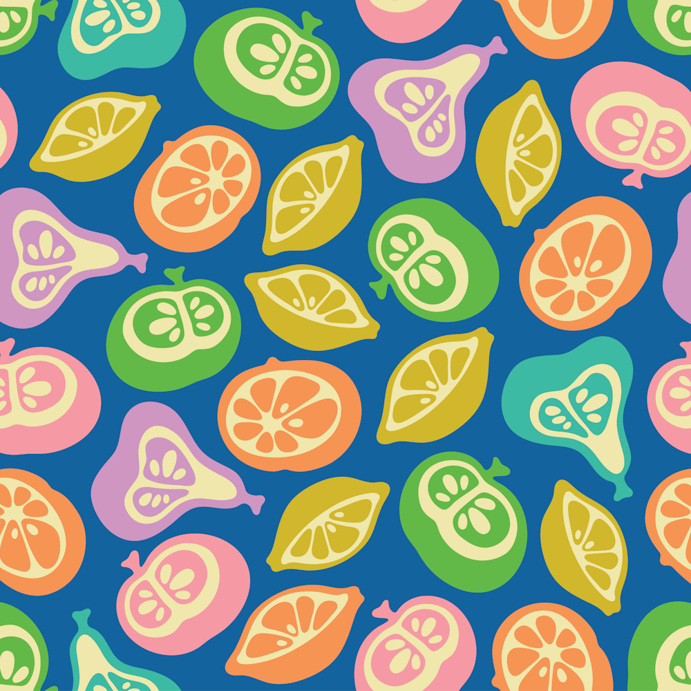 JUICY FRUITS Retro Plump Ripe Fruit Apple Pear Lemon Lime Orange Citrus in Bright Summer Colours on Royal Blue