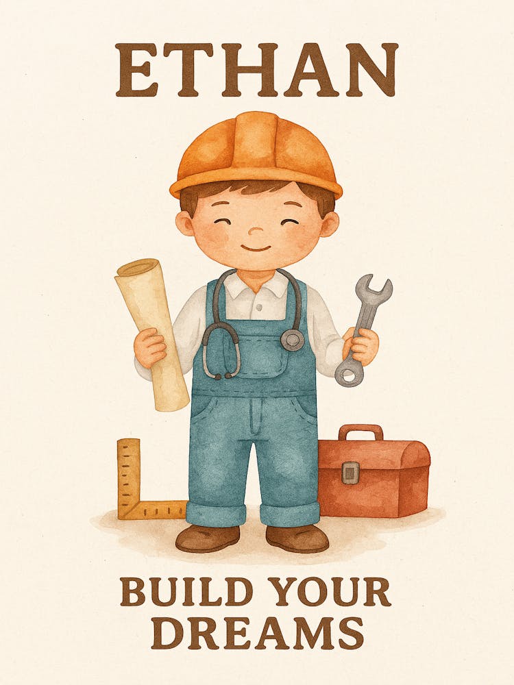 Ethan Custom Kids Wall Art – “Build Your Dreams” Printable for Boys – Personalized Engineer Theme Nursery Decor