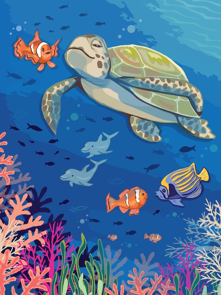 Turtle Over The Coral Reef