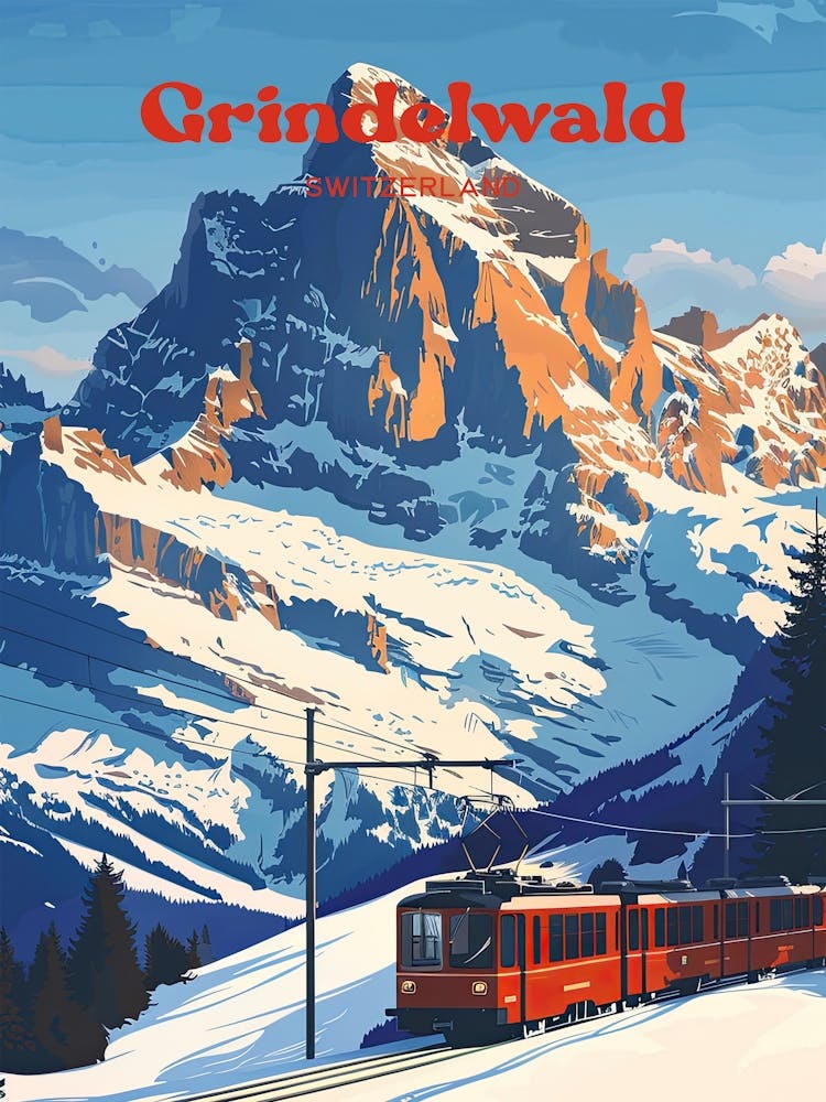 Grindelwald Switzerland Bernese Alps Travel Art Illustration