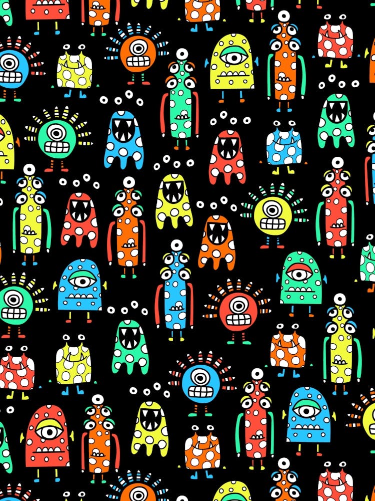 Happy Funky Monsters and Aliens Rainbow on Black Kids