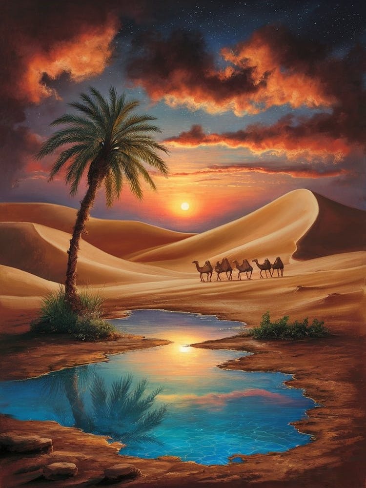 Desert Landscape With Camels