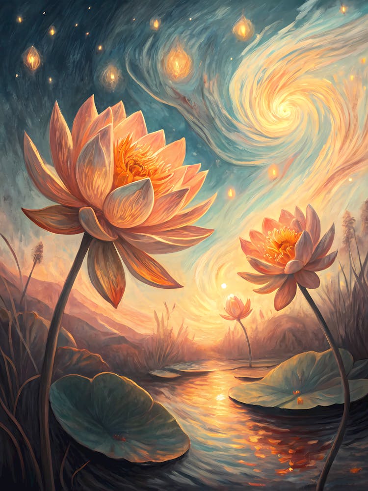 Van Gogh Lotus Dream Surreal Floral Landscape