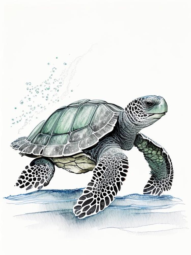 Leatherback Sea Turtle (Dermochelys Coriacea), Sea Turtle Pencil Illustration 1