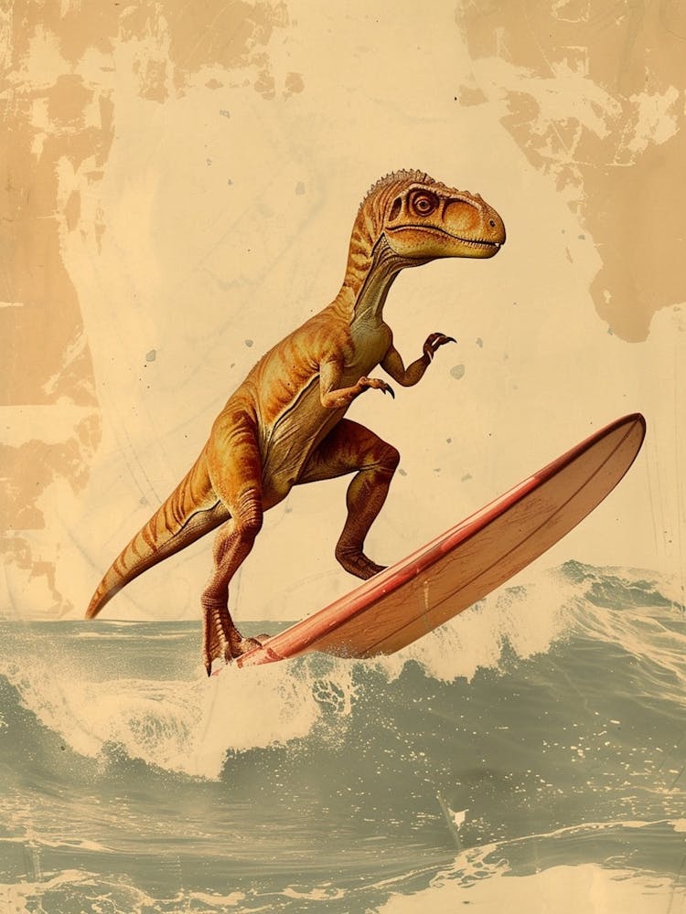 Vintage Deinonychus Dinosaur On A Surf Board   3