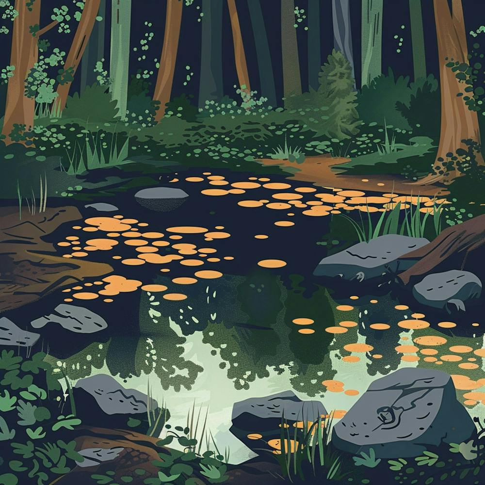 Wetland In Deep Forest, Mud And Rock, Flat Vector Design