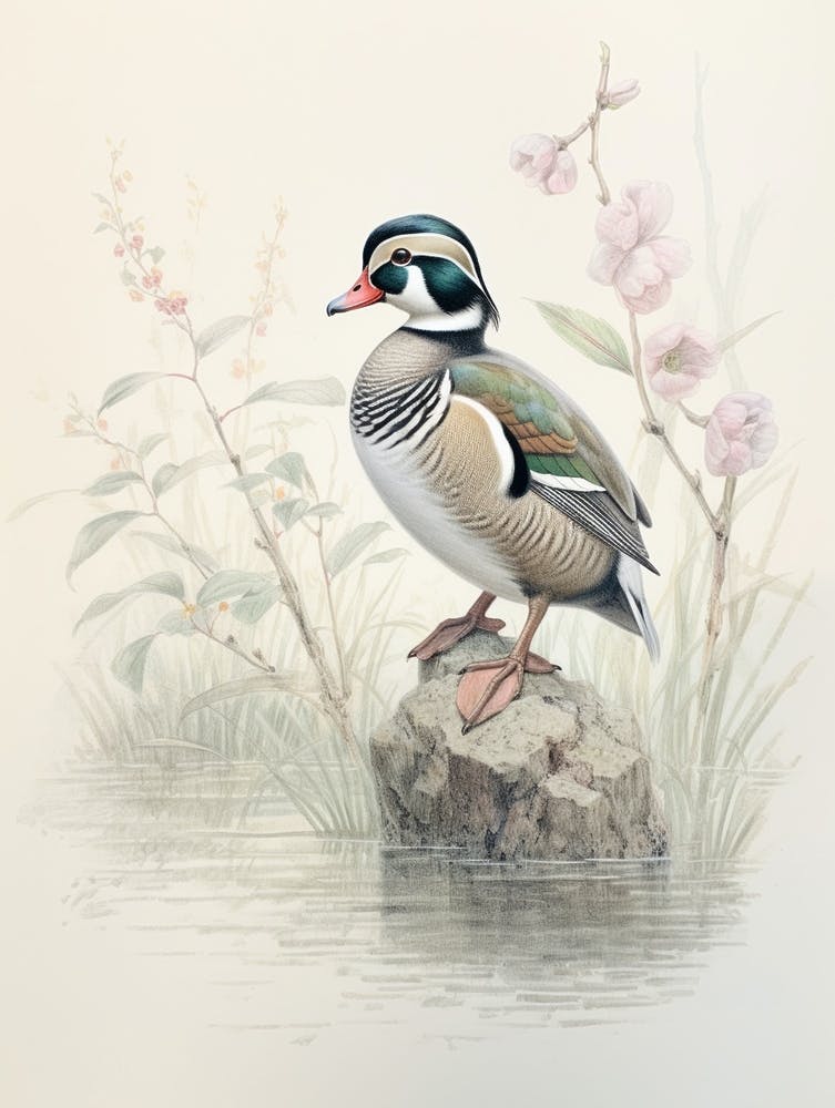 Vintage Bird Drawing Wood Duck 2