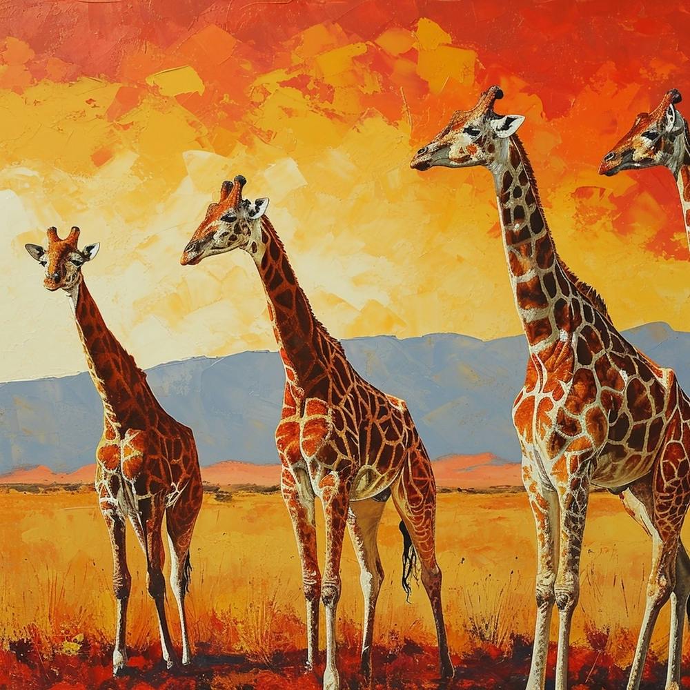 Giraffes In The Sunset Warm Brushstrokes 1
