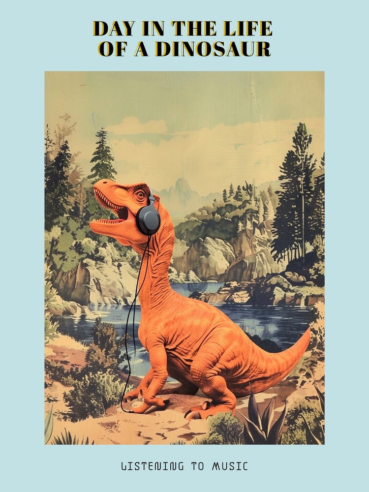 Retro Collage Dinosaur Listening To Music With Headphones 2 Poster