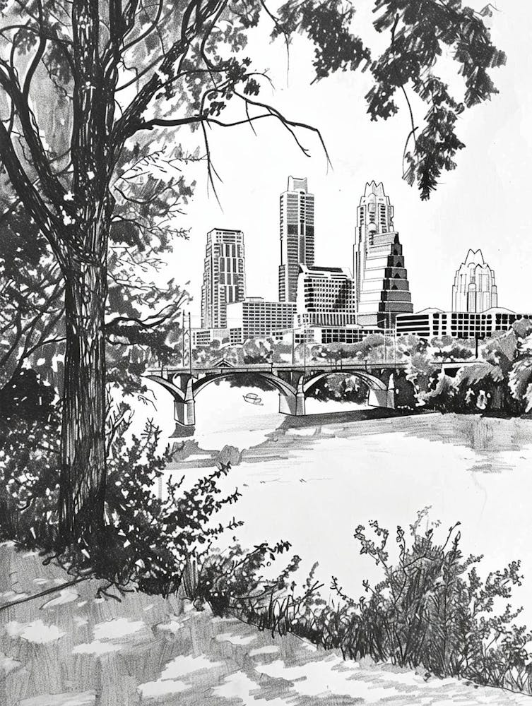 Red River Cultural District Austin Texas Black And White Drawing 1