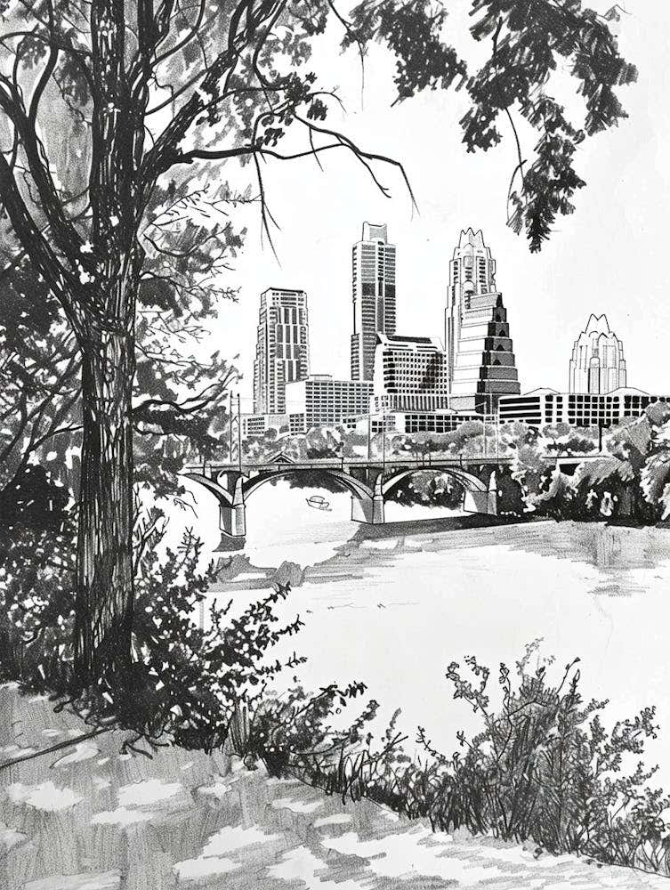 Red River Cultural District Austin Texas Black And White Drawing 1