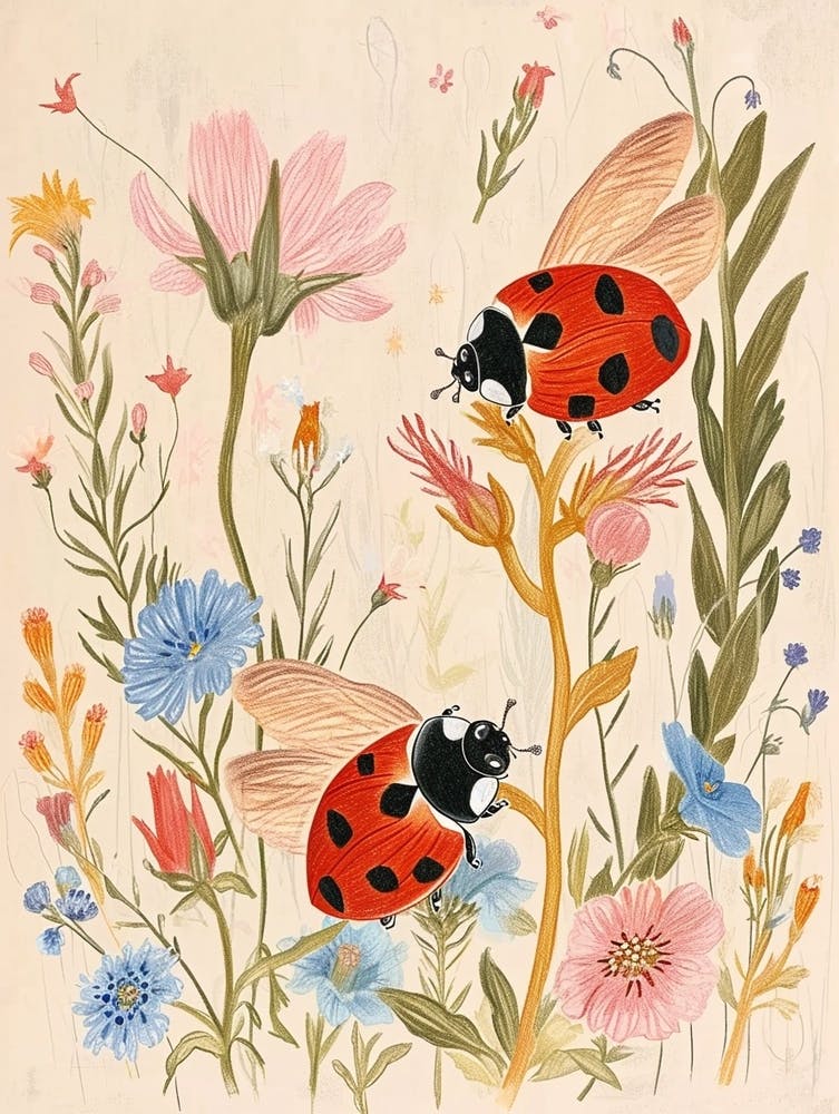 Folksy Floral Animal Drawing Ladybug 3