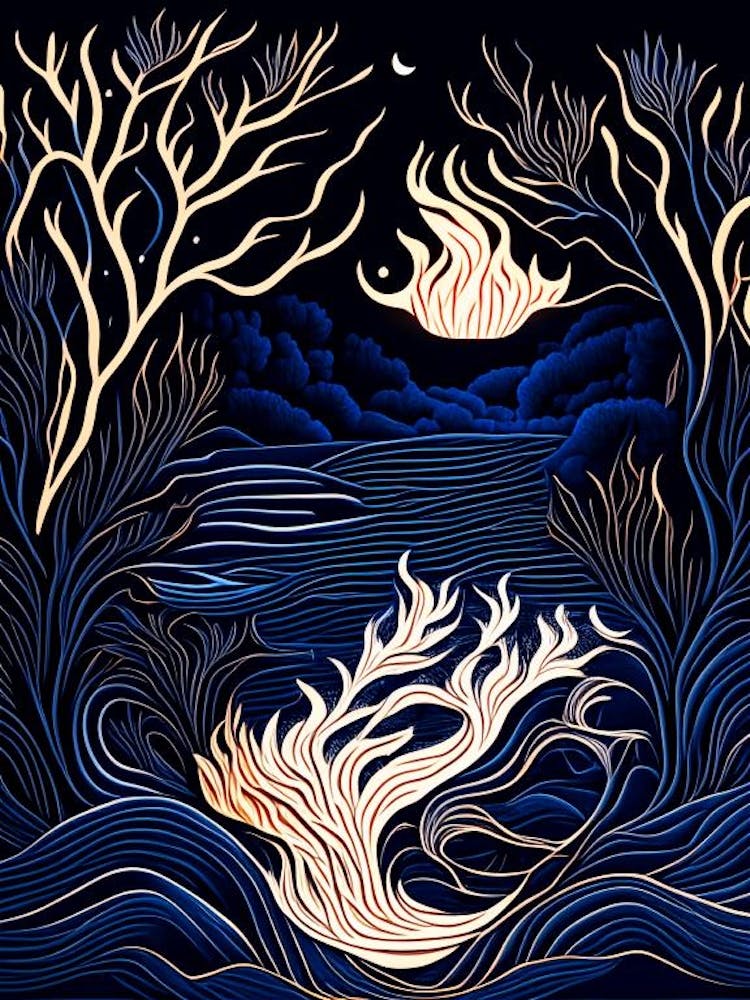 Water And Fire Elements Combined Waterscape Linocut 1