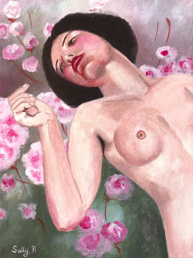 Woman Nude With Pink Flowers