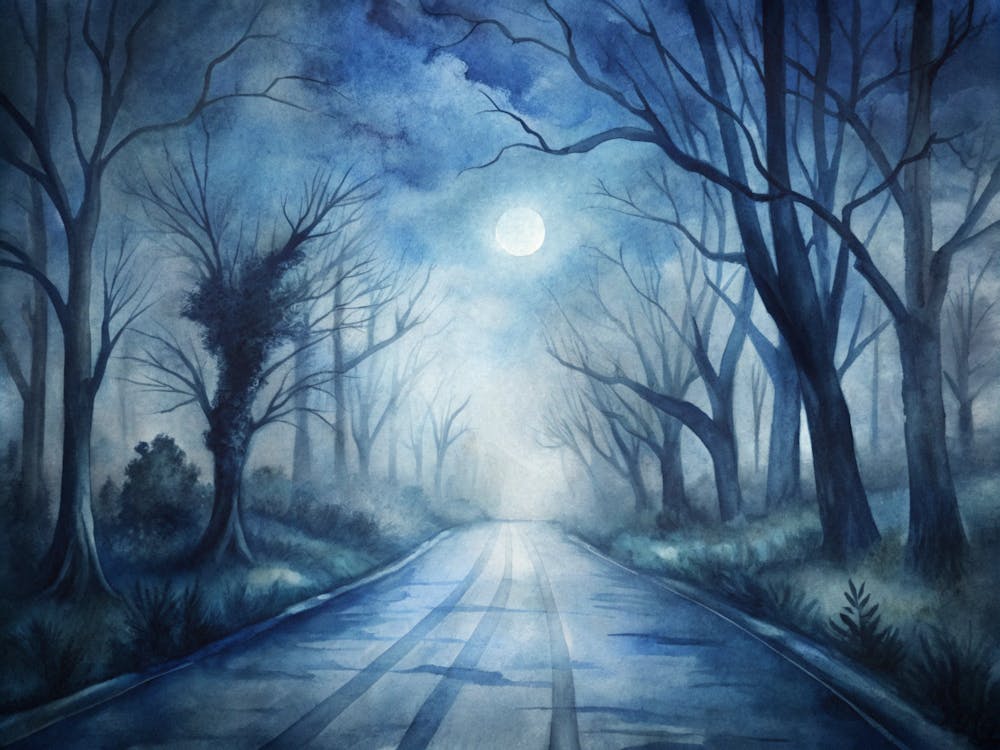 A Desolate Road Illuminated By Moonlight Surroun