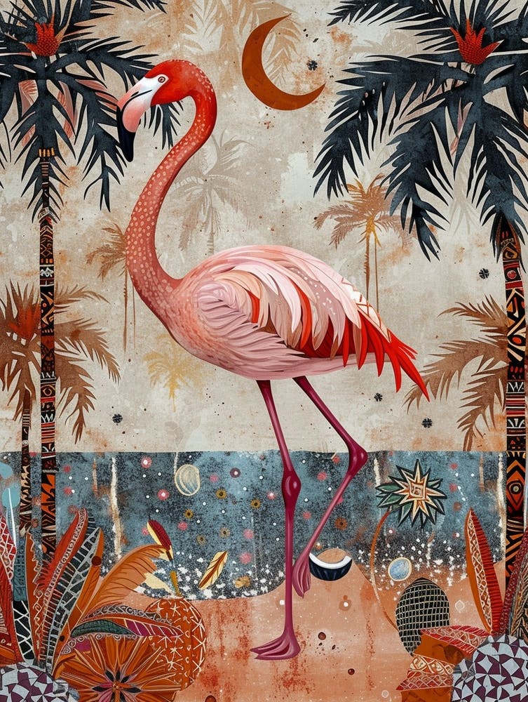 Grand Flamant rose et Cocotiers Impression Bohème 4