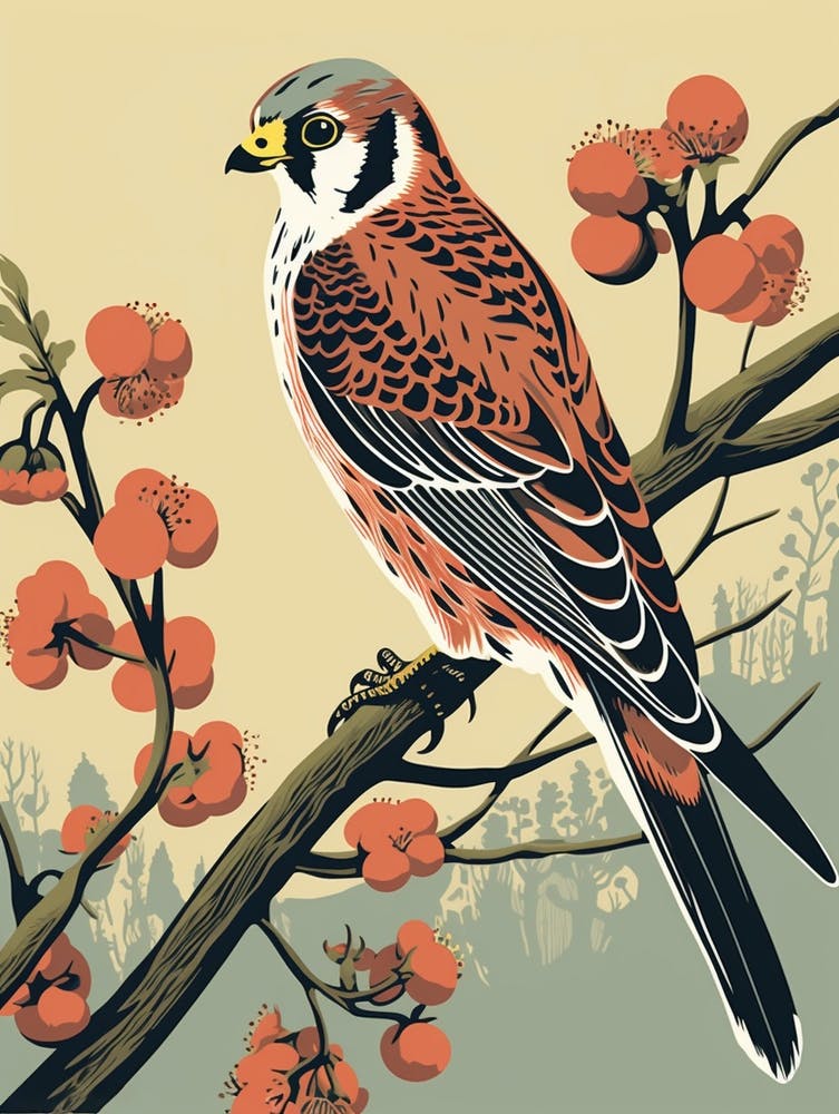 Vintage Bird Linocut American Kestrel 4