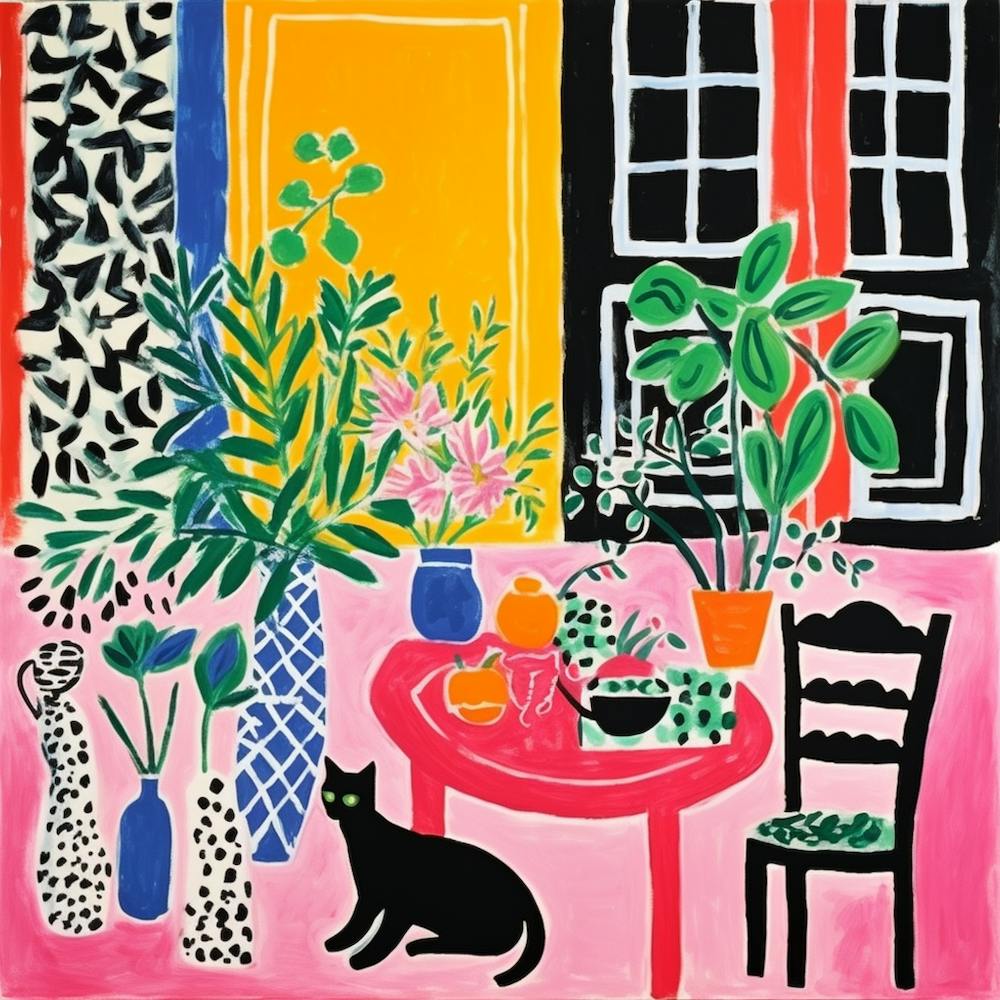 Table With Plants And A Cat