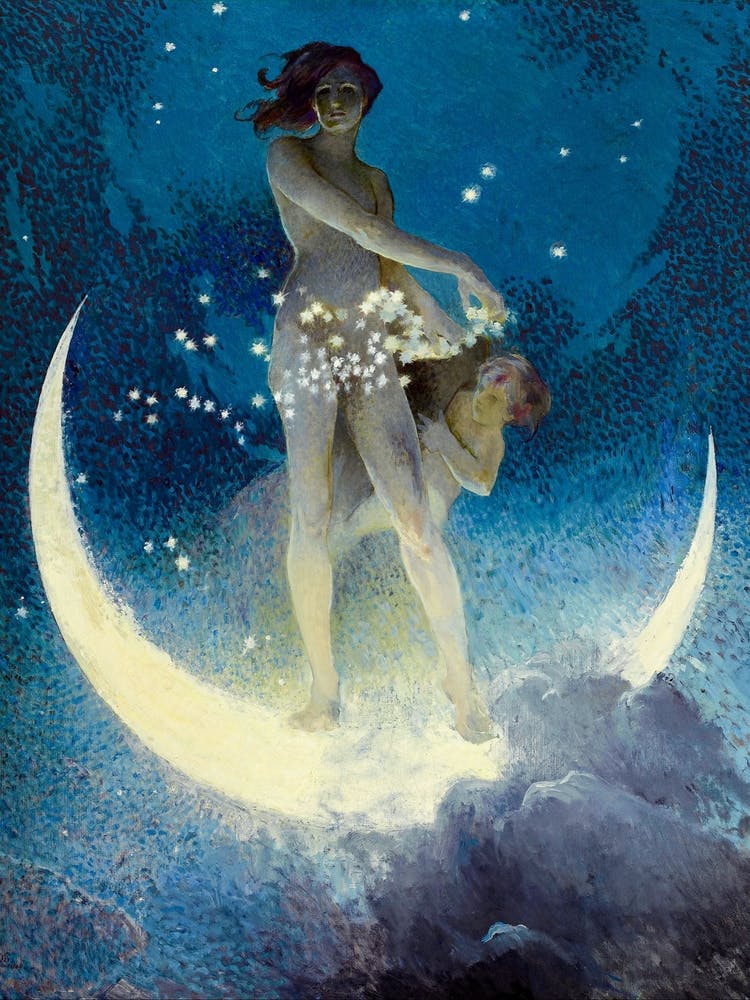 Spring Scattering Stars by Edwin Blashfield - Vintage Victorian Art Deco Remastered Oil on Canvas 1927 Pagan Mythological Magical Fairytale Witchy Blue Crescent Moon