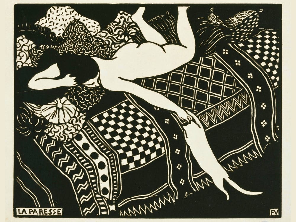 Laziness - La Paresse (Laziness) - Félix Valloton, 1896 - Famous Vintage Lazy Cat and Woman Playful Retro Wall Decor - Hippy Bohemian Boudoir Funny 1