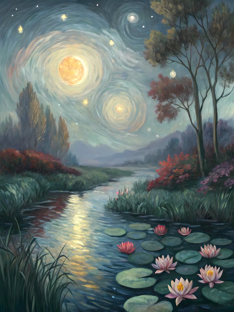 Van Gogh - Paysage au clair de lune sur une rivière étoilée & Nénuphars