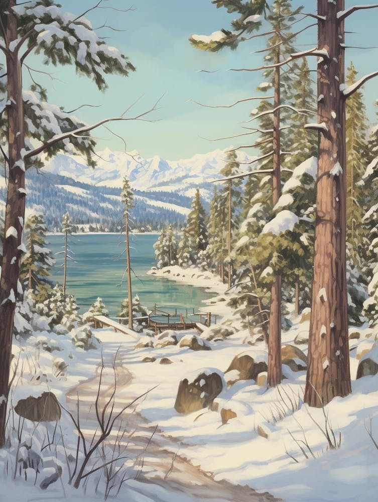 Vintage Winter Illustration Lake Tahoe Usa 2