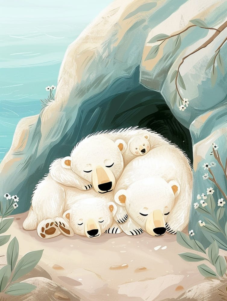 Polar Bear Family Sleeping In A Cave Storybook Illustration 2