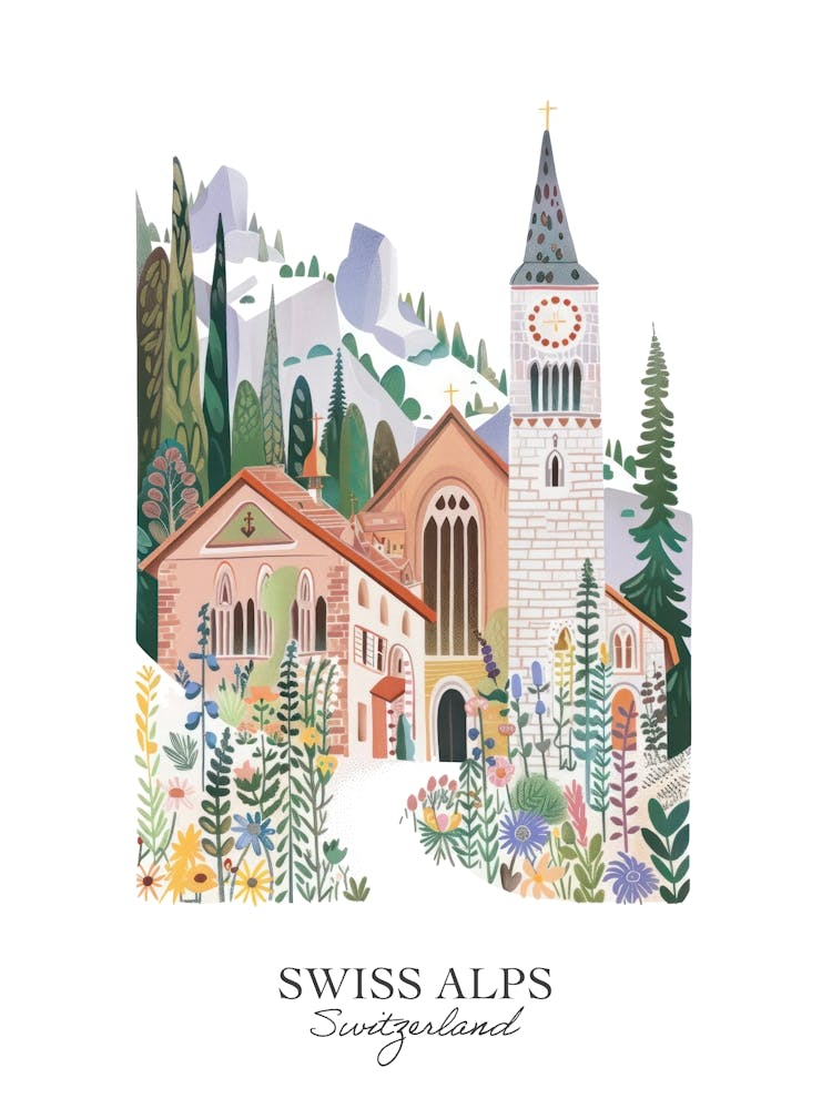 Swiss Alps Switzerland Gouache Travel Illustration