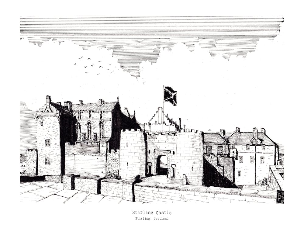 Stirling Castle Scotland - Pen & Ink Architecture Sketch - Scottish Cityscape Wall Art & Travel Gifts