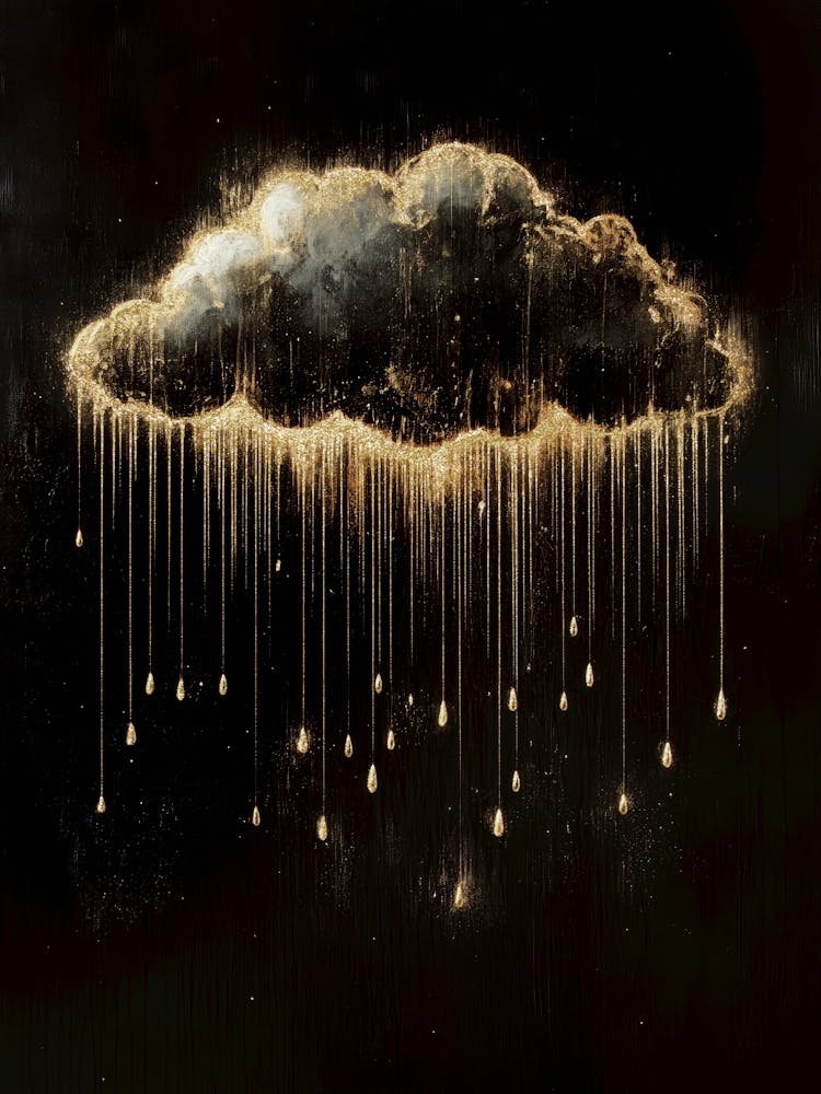 Golden rain from moody cloud painting in black and warm gold tones in a minimalist luxe aesthetic, surreal celestial art in the style of Gustav Klimt ideal for bedrooms, luxe livng rooms, entryways, modern interiors