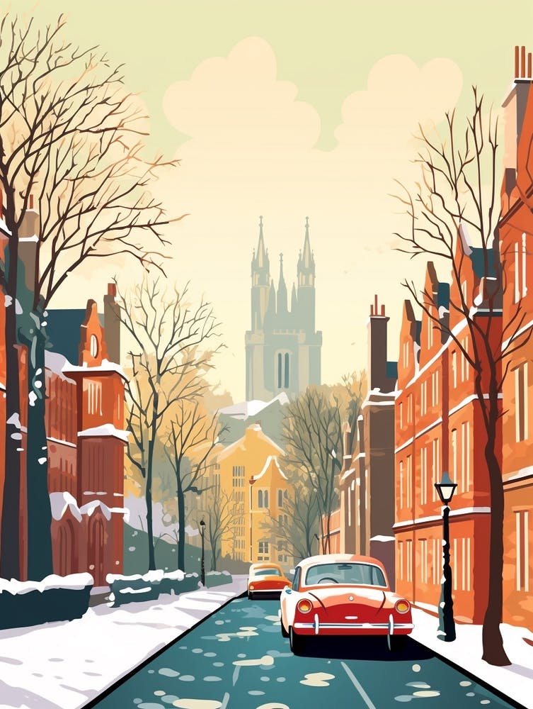 Vintage Winter Travel Illustration Cambridge United Kingdom 3