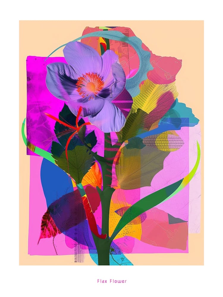 Flax Flower 4 Neon Flower Collage Poster