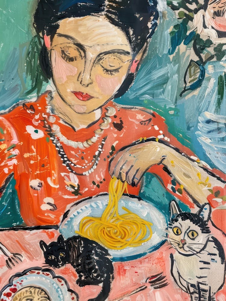 Portrait Of A Woman With Cats Eating Spaghetti 2