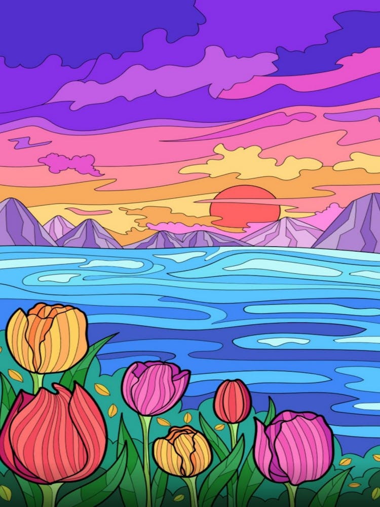 Sunset With Tulips