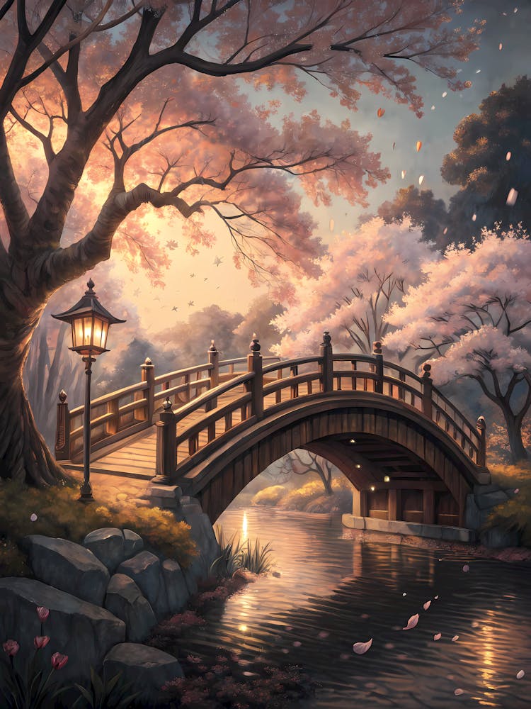 Oil Painting Style Enchanted Sakura Bridge Cherry Blossom Landscape