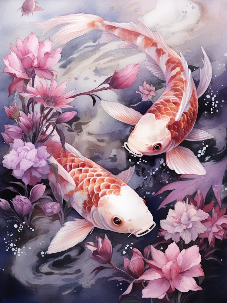 Pink And Purple Koi Fish Watercolour With Botanicals 1