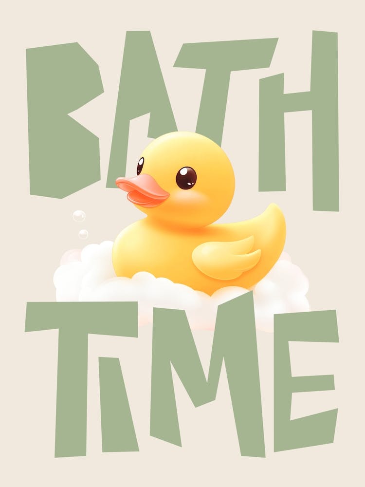 Cute Rubber Duck Pastel Bathroom Art for Kids, Green Bath Time Poster Rubber Ducky Wall Print for Nursery or Playroom, Funny wall art for Bathroom Decor