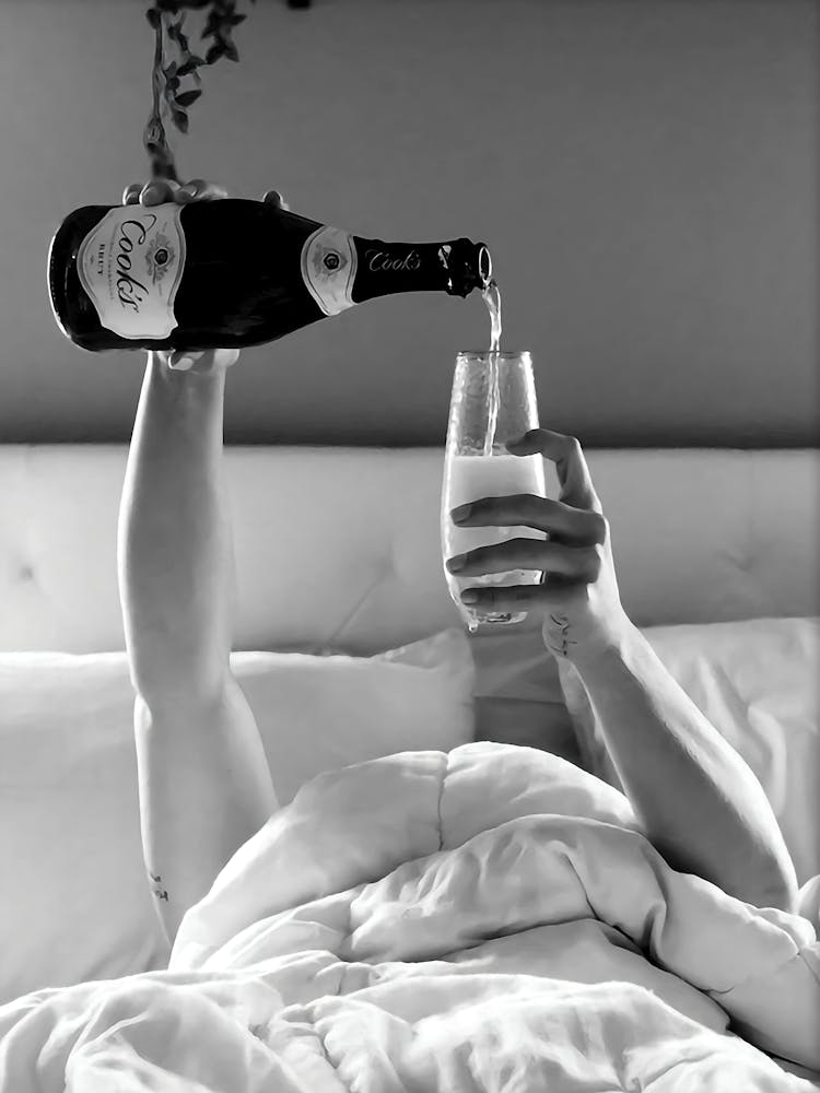 Woman Drinking Champagne In Bed Print, Feminist Poster, Black And White, Alcohol Wall Art, Bar Cart Print, Bar Poster, Teen Girl Room Decor