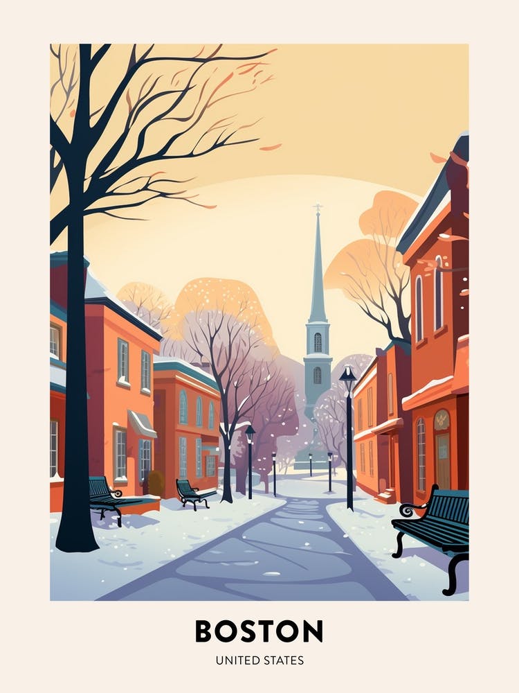 Vintage Winter Travel Poster Boston Usa