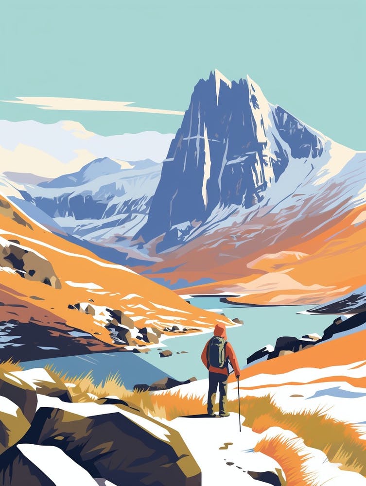 Vintage Winter Travel Illustration Snowdonia National Park United Kingdom 4