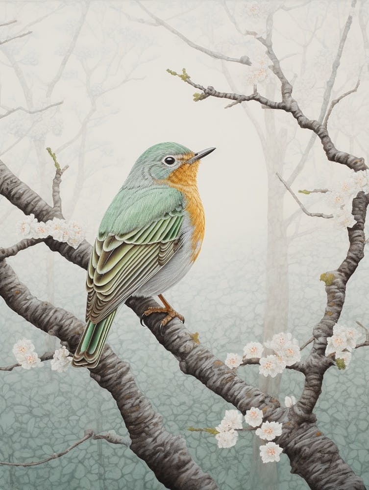 Ohara Koson Inspired Bird Painting Robin 3