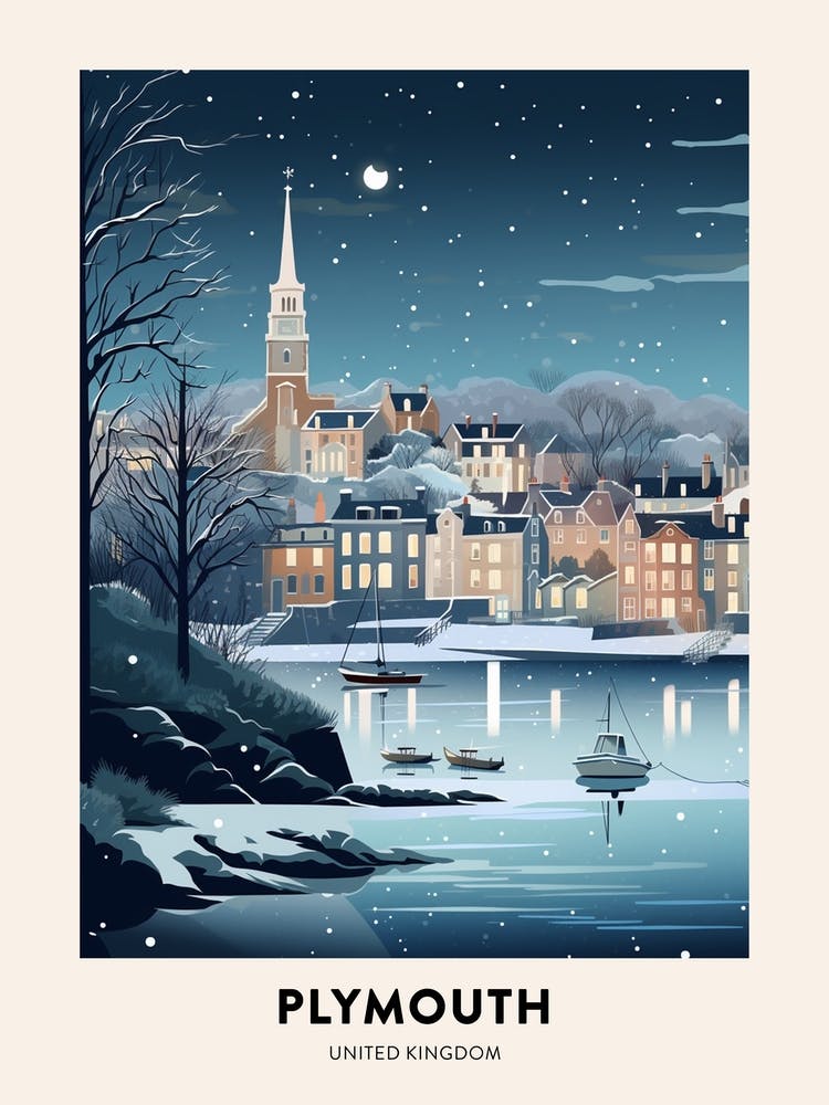 Winter Night  Travel Poster Plymouth United Kingdom 3