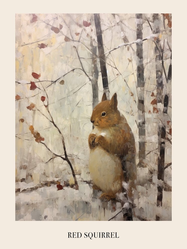 Vintage Winter Animal Painting Poster Red Squirrel 2